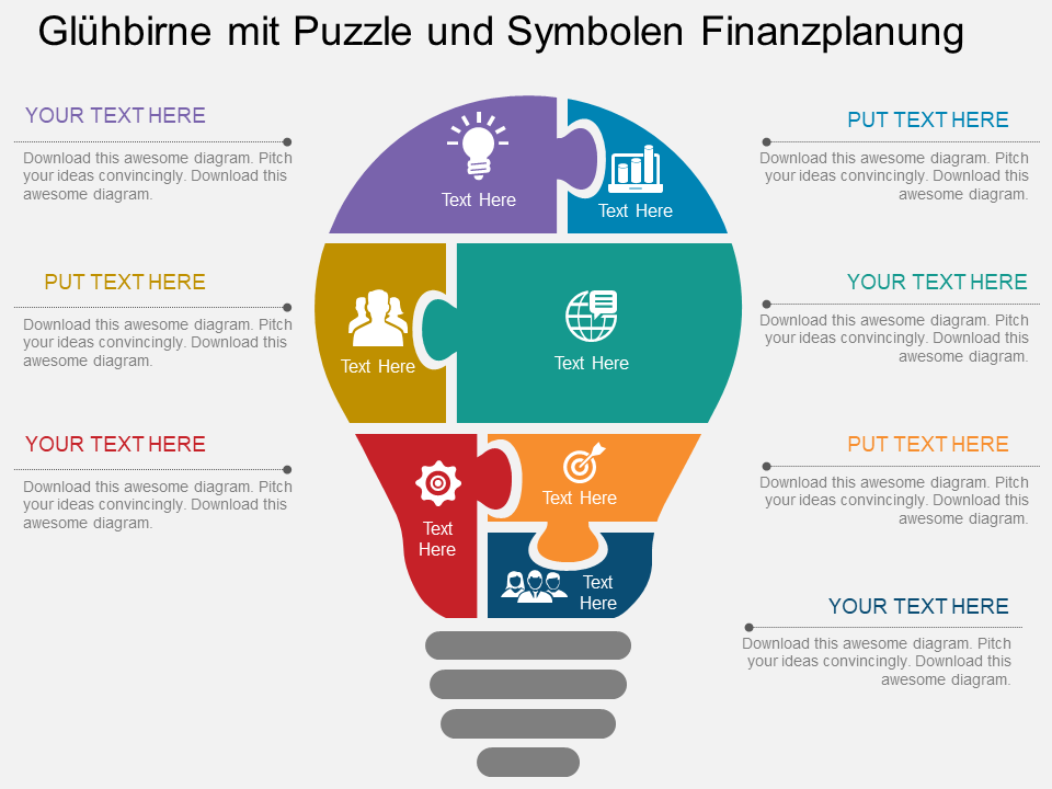 Glühbirne mit Puzzle und Symbolen Finanzplanung