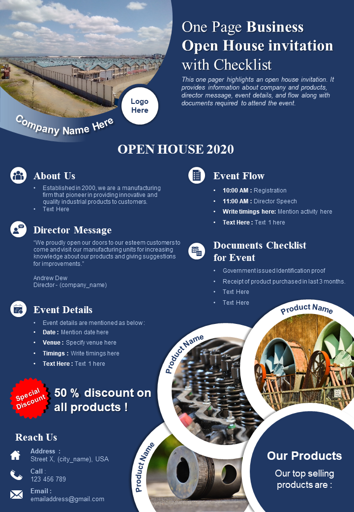 One Page Business Open House Invitation With Checklist Presentation Report