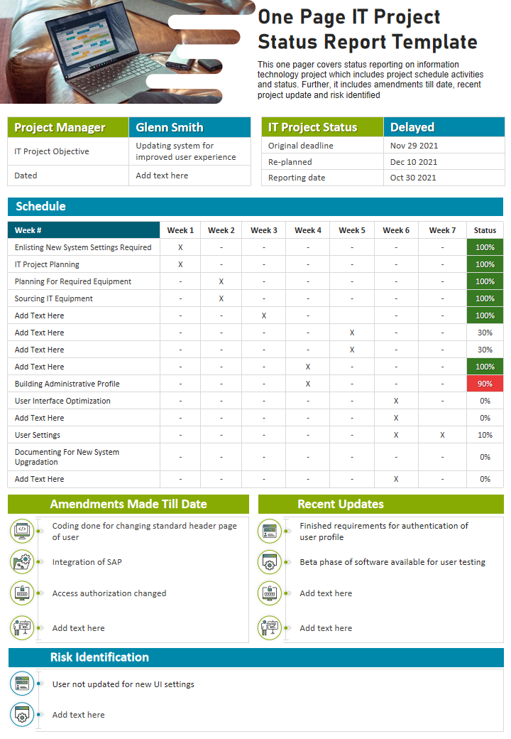 One Page IT Project Status Report Template 