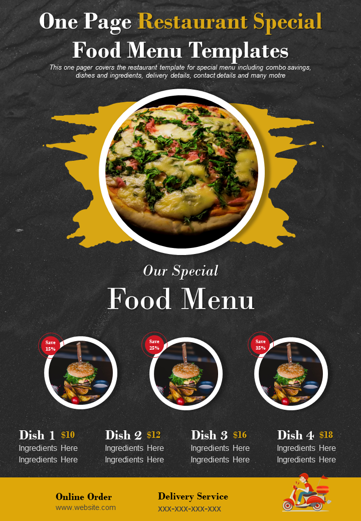 One Page Restaurant Special Food Menu Templates