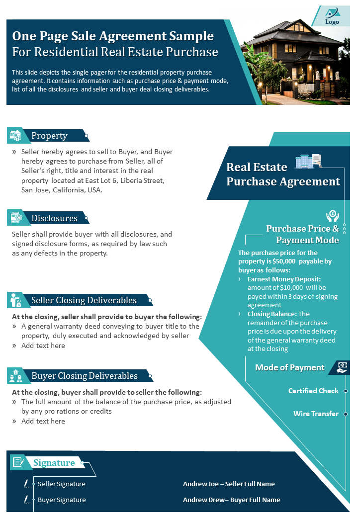 One Page Sale Agreement Sample For Residential Real Estate Purchase Report