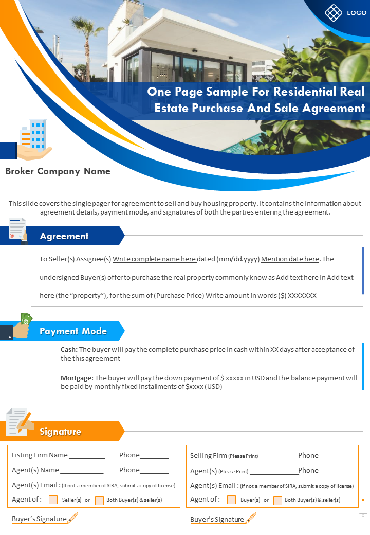 One Page Sample For Residential Real Estate Purchase And Sale Agreement Report