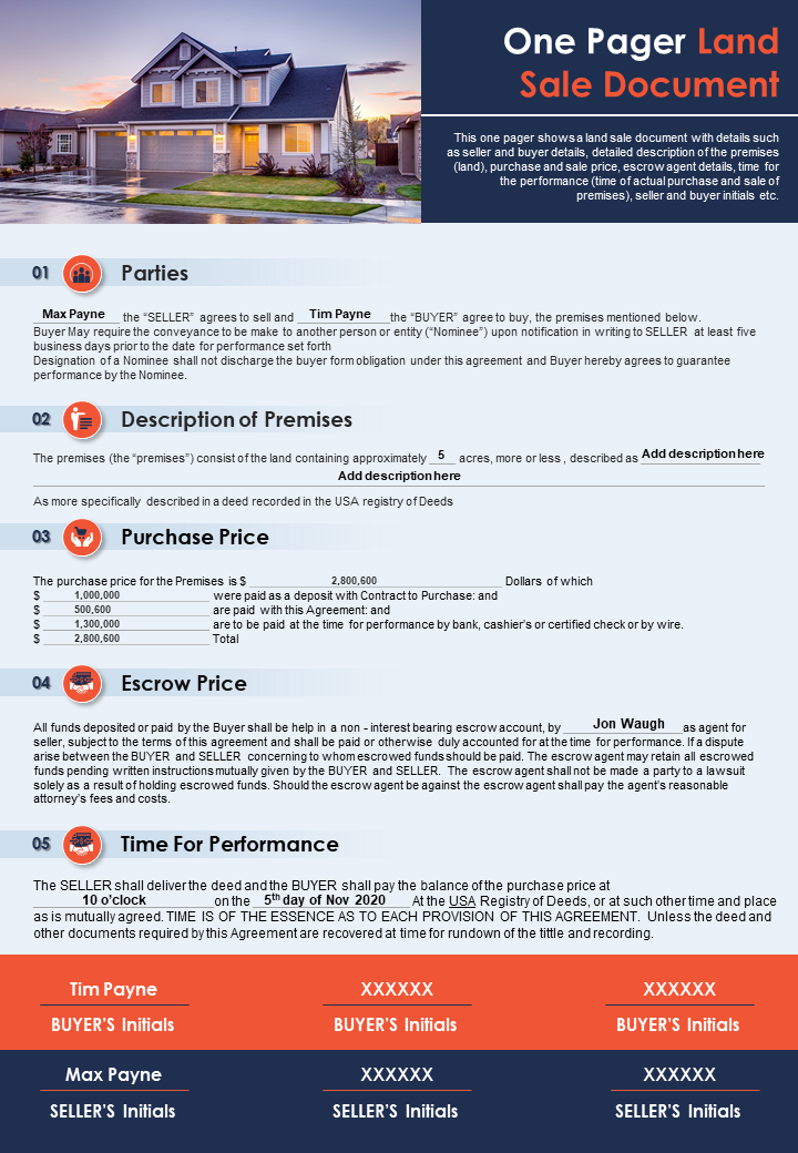 One Pager Land Sale Document Presentation Report Infographic PPT