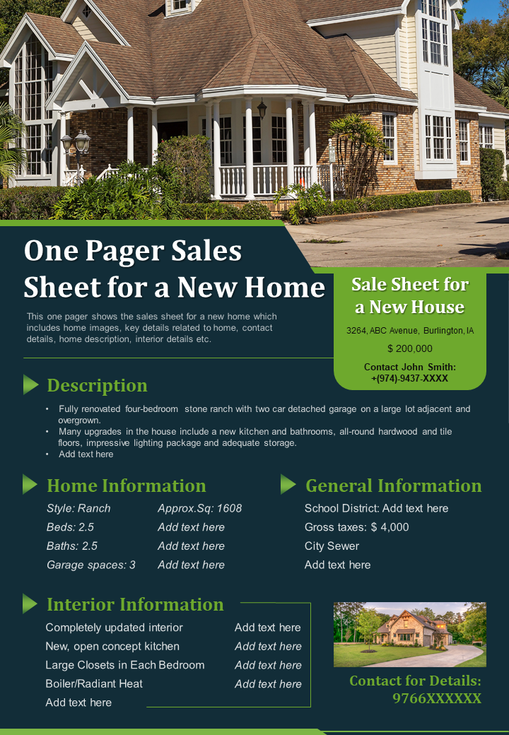 One Pager Sales Sheet For A New Home Presentation Report Infographic