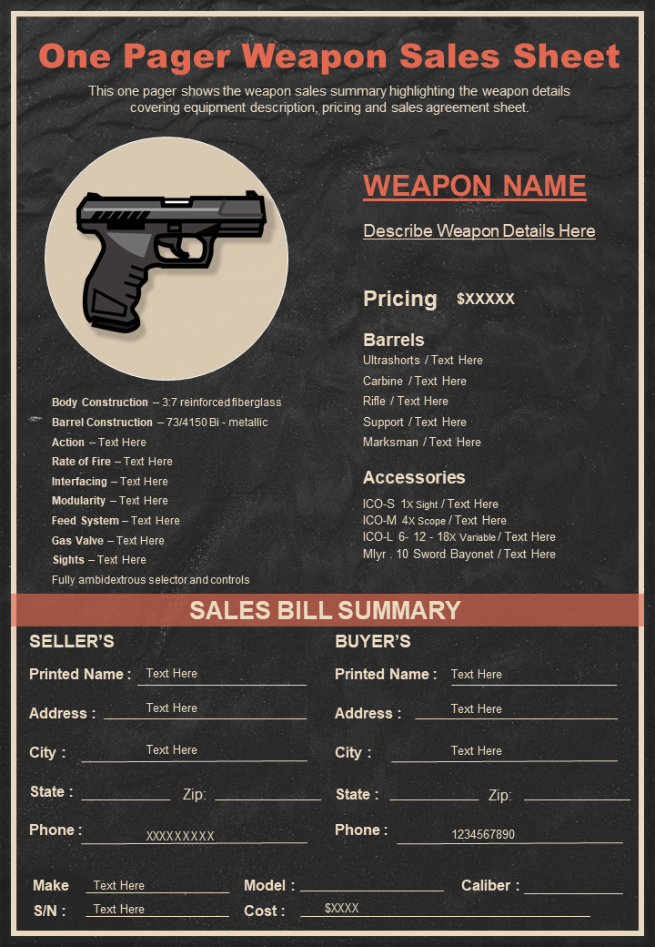 One Pager Weapon Sales Sheet Presentation Report