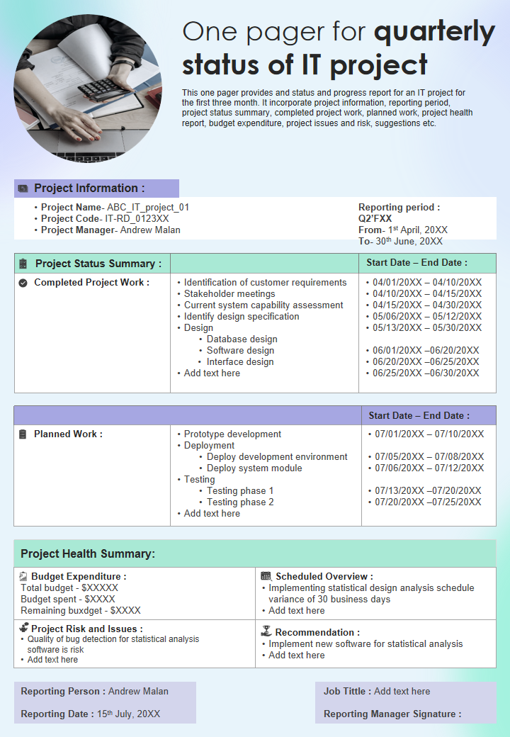 One pager for quarterly status of IT project 