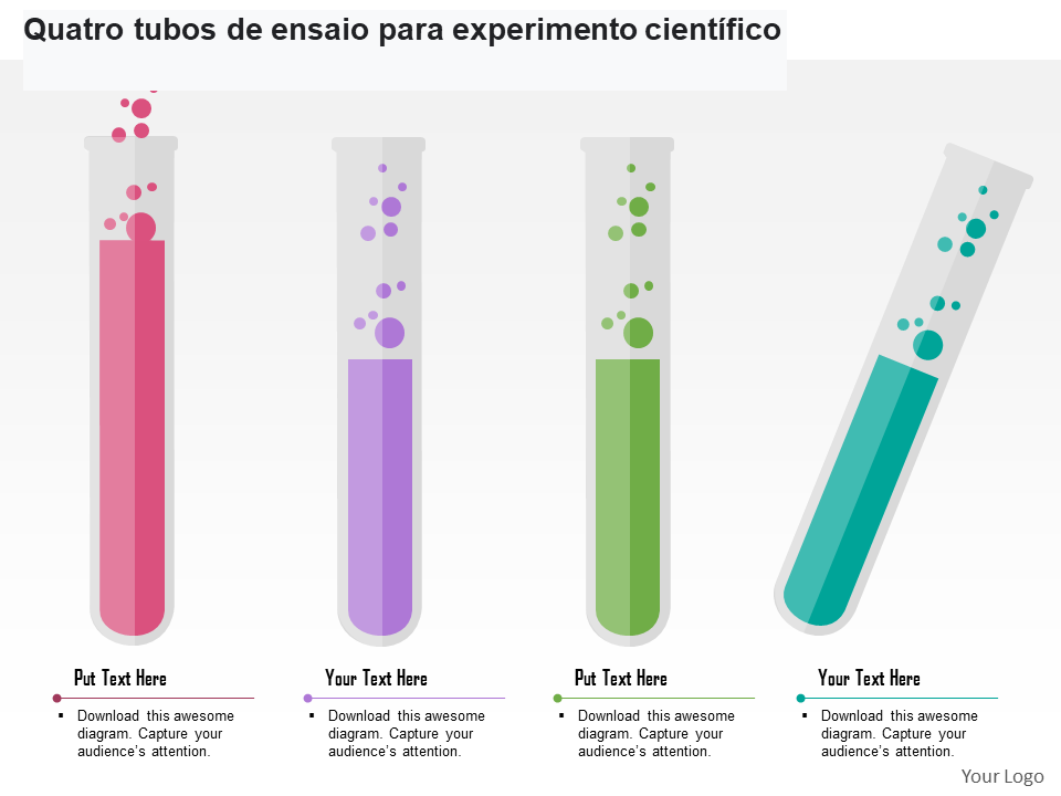 Quatro tubos de ensaio para experimento científico