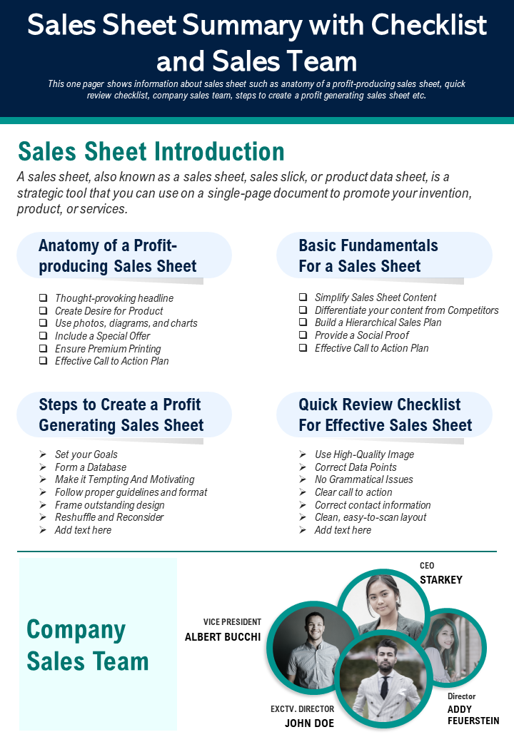 Sales Sheet Summary With Checklist And Sales Team Presentation Report