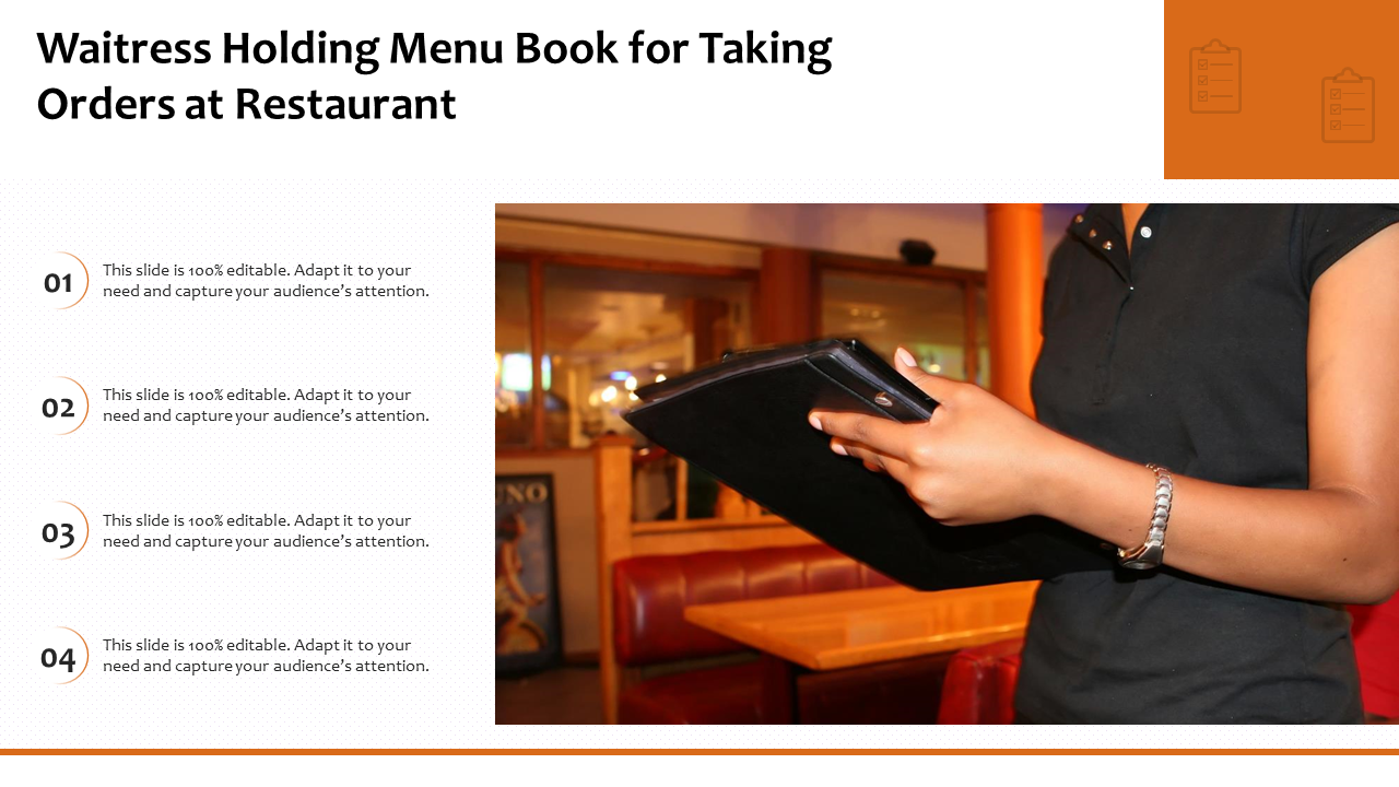 Waitress Holding Menu Book for Taking Orders at Restaurant