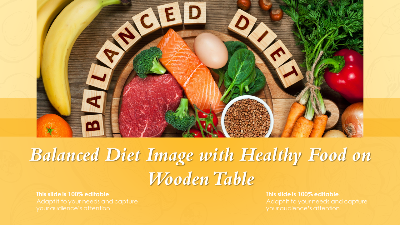 Balanced Diet Image With Healthy Food On Wooden Table