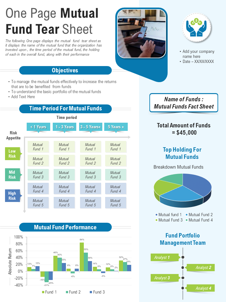 One Page Mutual Fund Tear Sheet Presentation Report Infographic