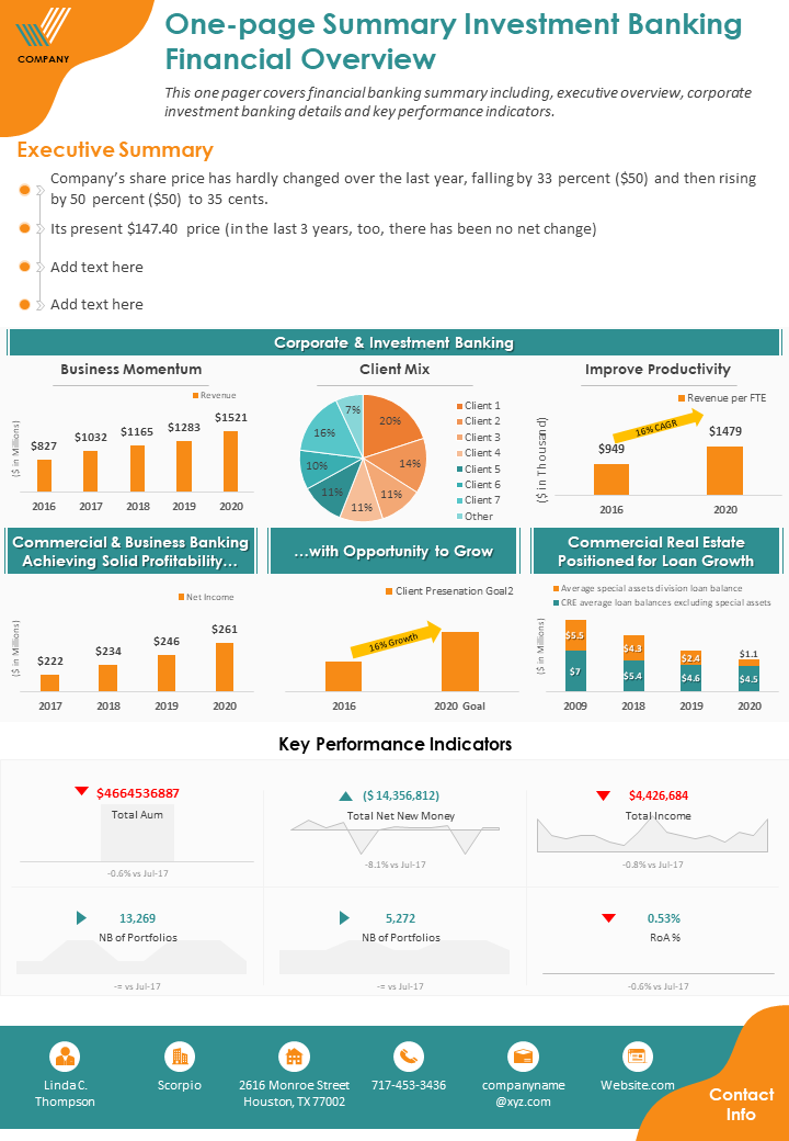 One Page Summary Investment Banking Financial Overview Report