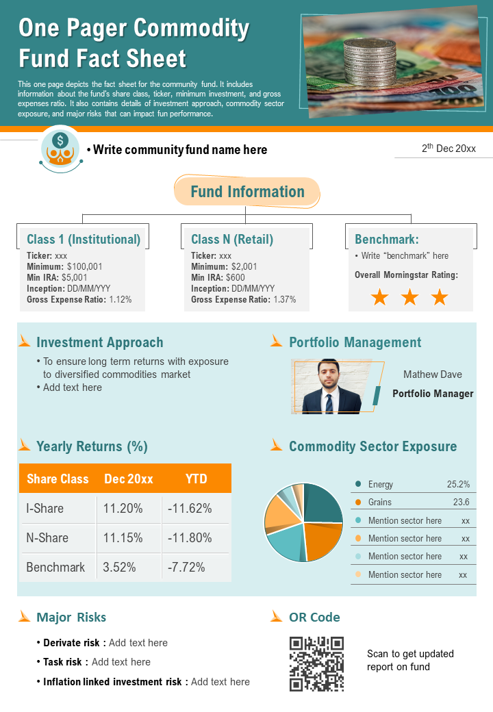 One Pager Commodity Fund Fact Sheet Presentation Report Infographic
