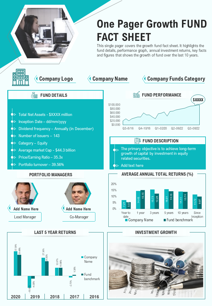 One Pager Growth Fund Fact Sheet Presentation Report Infographic