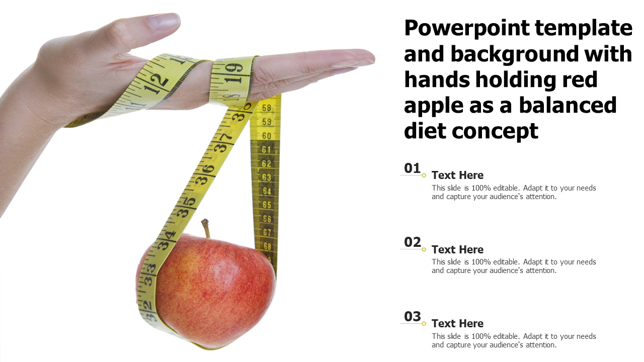 PowerPoint Template And Background With Hands Holding Red Apple As A Balanced Diet Concept