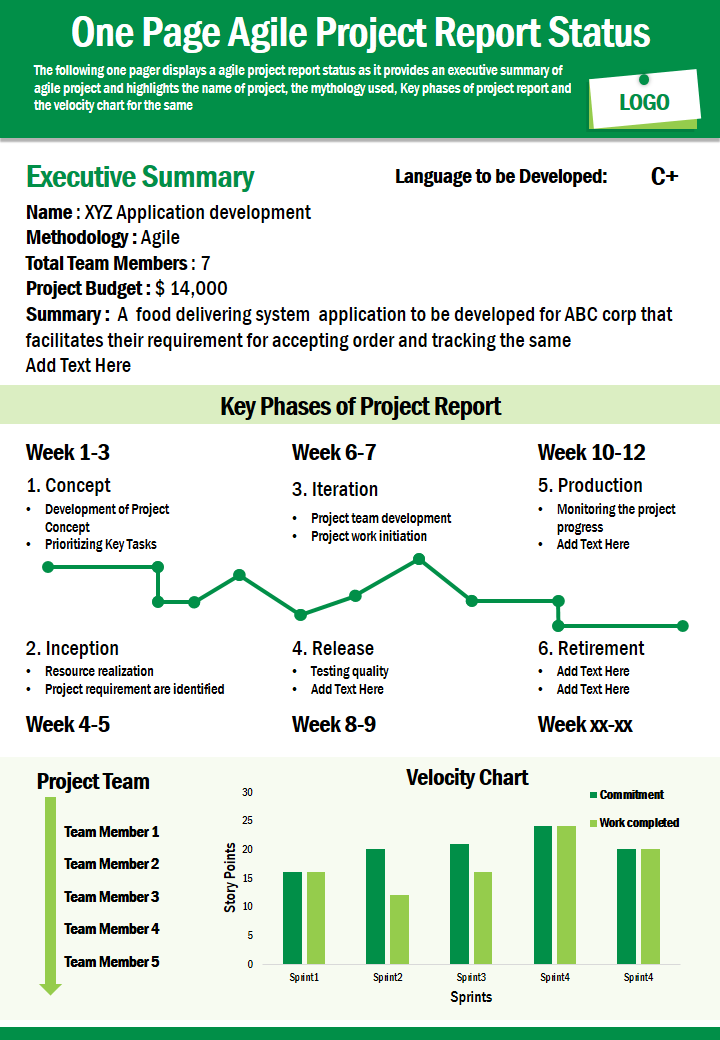 One Page Agile Project Report Status