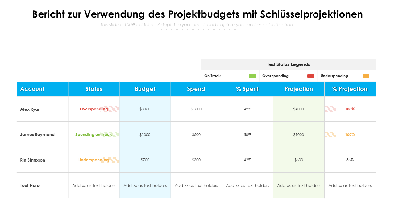 Bericht zur Verwendung des Projektbudgets mit Schlüsselprojektionen
