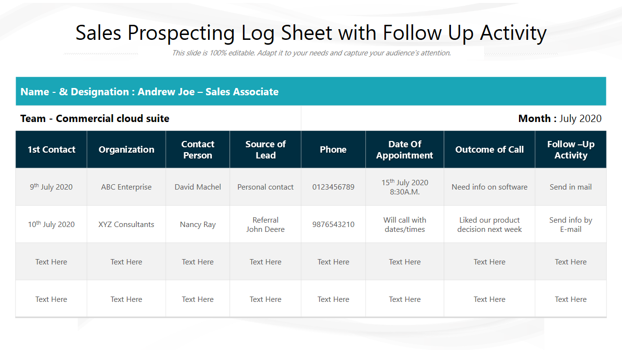 Sales Prospecting Log Sheet with Follow Up Activity 