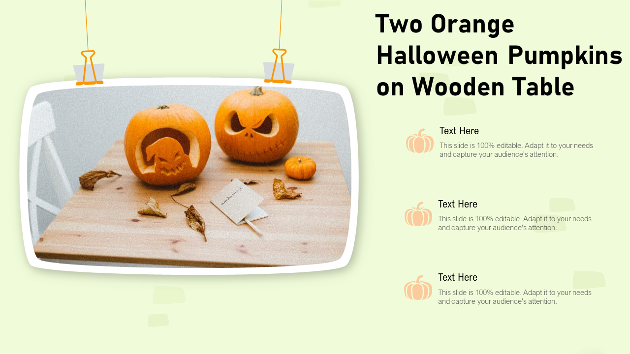 Two Orange Halloween PowerPoint Templates with Pumpkins on Wooden Table