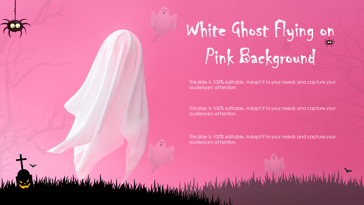 White Ghost Flying on Pink Background Halloween PowerPoint Templates