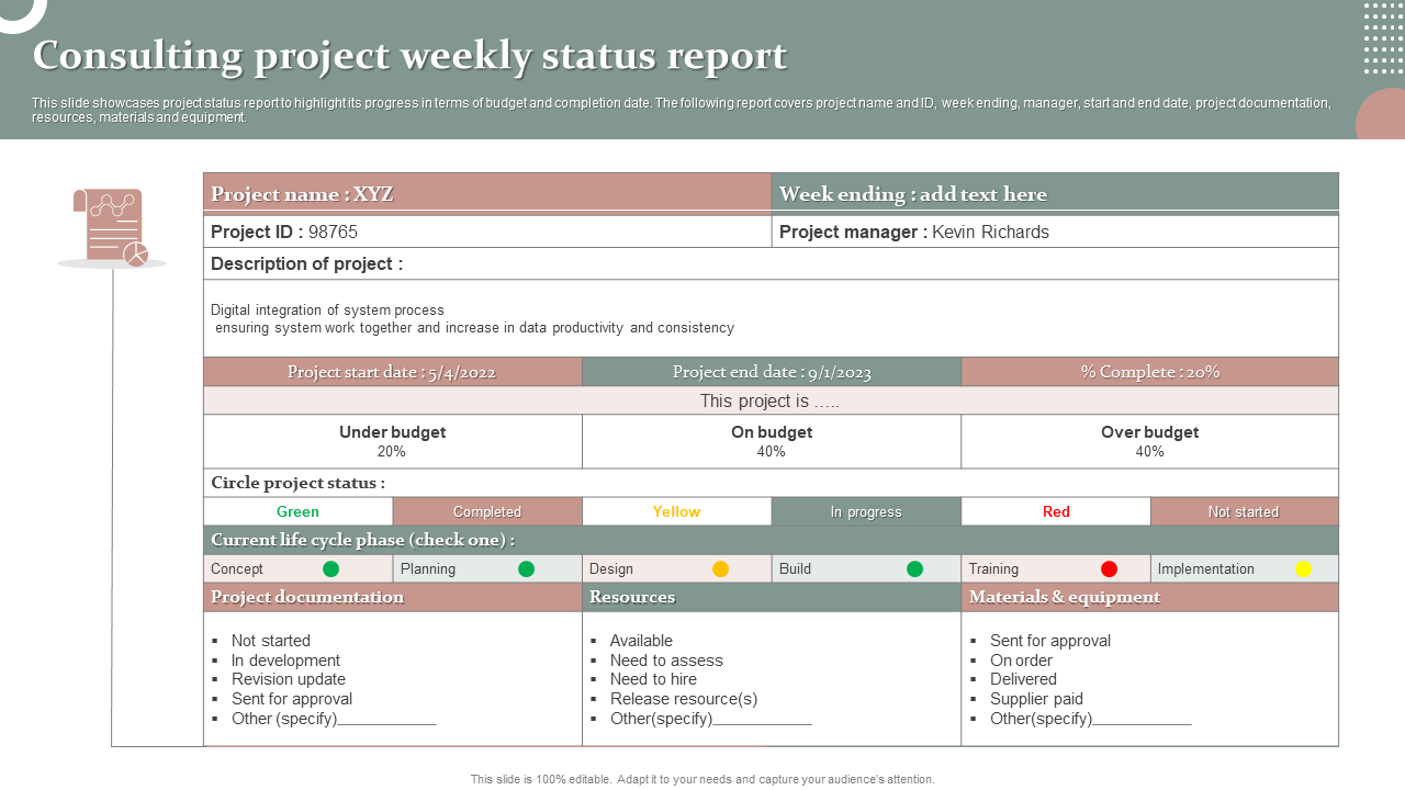 Consulting Project Weekly Status Report PPT Template