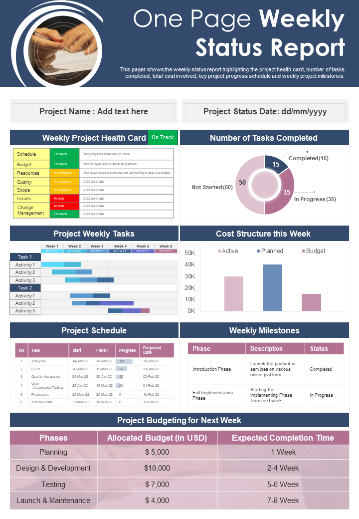One-Page Weekly Status Report PPT Presentation