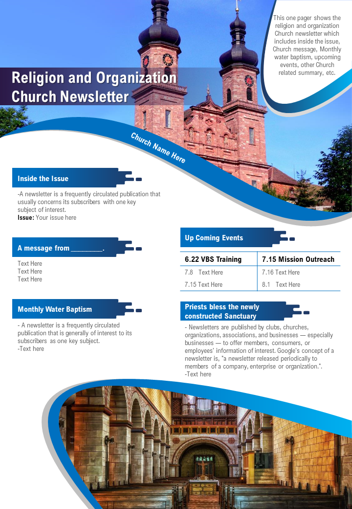 Religion And Organization Church Newsletter Presentation Report Infographic PPT PDF Document