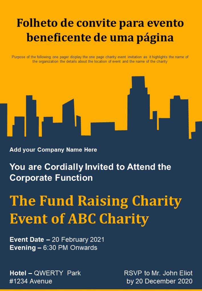 One Page Charity Event Convite para Evento de Caridade Relatório de Apresentação Infográfico PPT Documento PDF