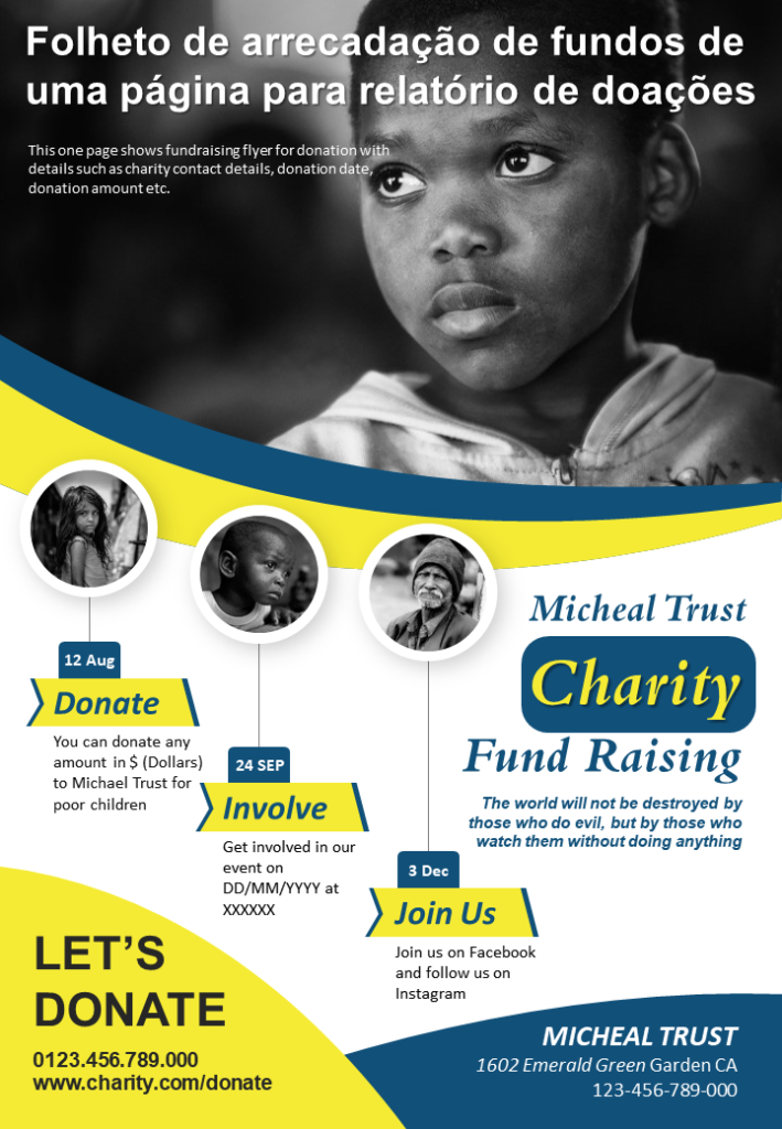 One Page Fundraising Flyer For Donation Report Relatório de Apresentação Infográfico PPT Documento PDF