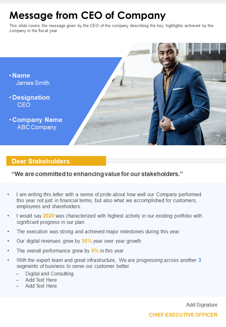 One Page Message From CEO Of Company Presentation Report