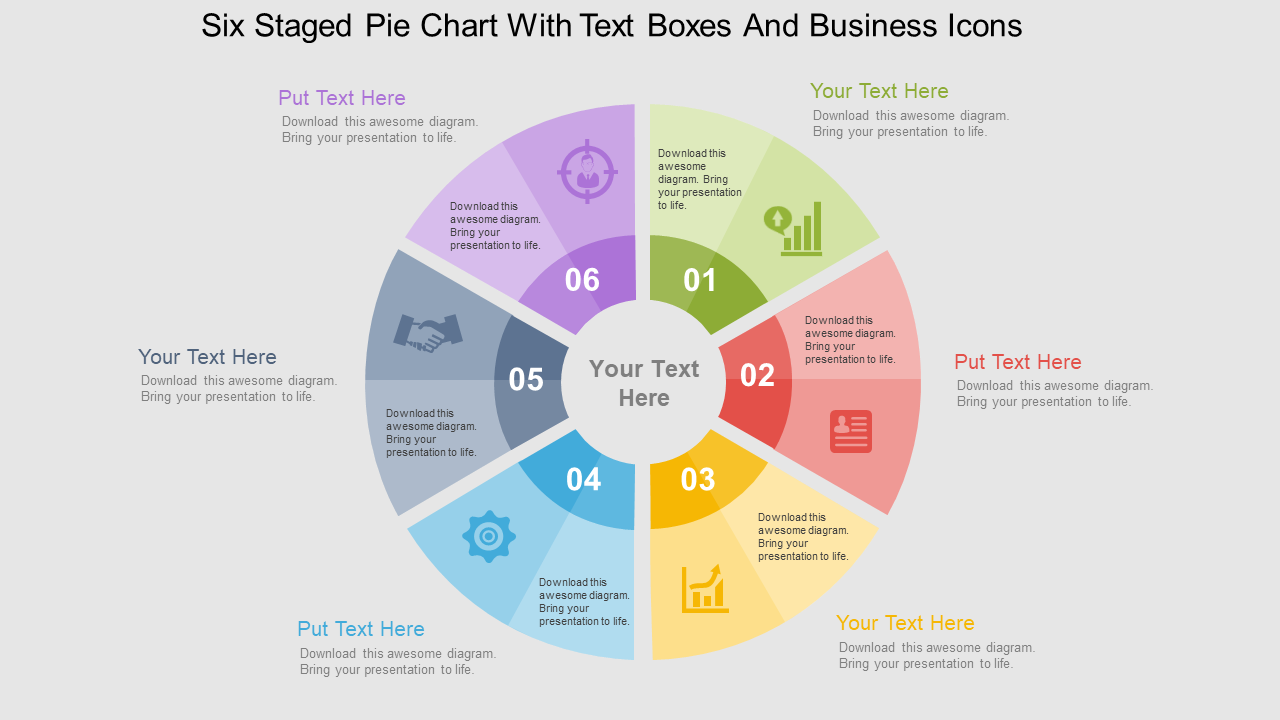Six Staged Pie Chart With Text Boxes And Business Icons Flat Powerpoint Design