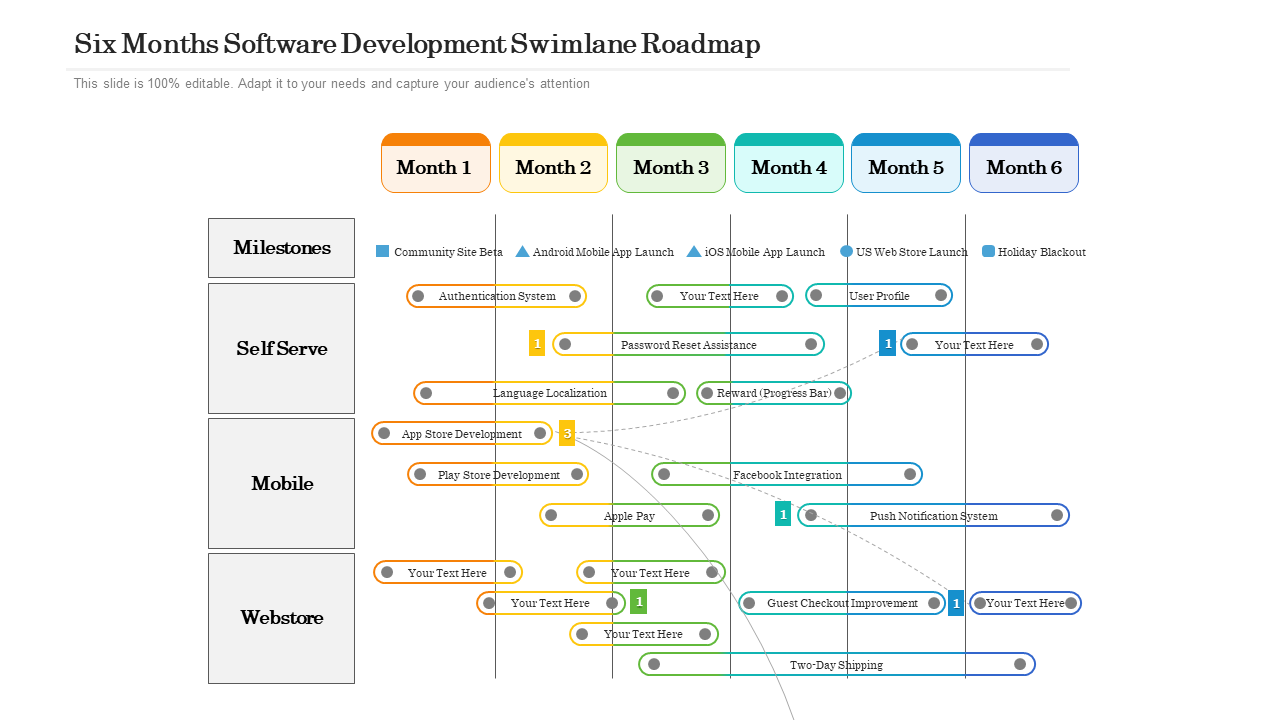 Six Months Software Development Swimlane Roadmap