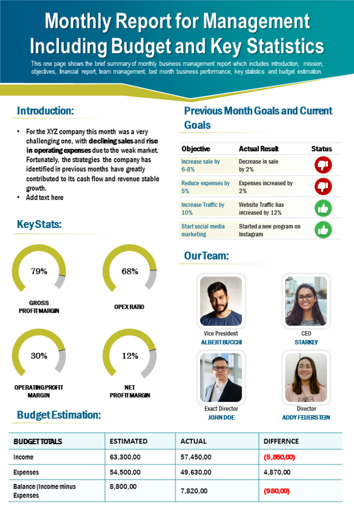 One-Page Monthly Report for Management Including Budget