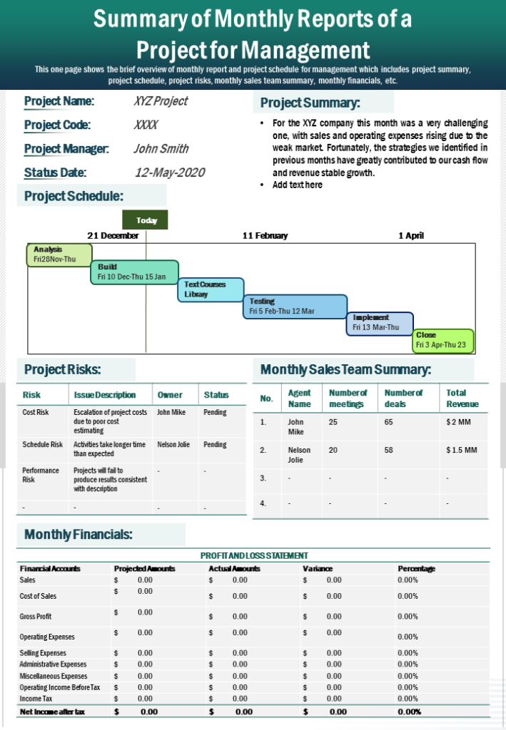 One-Page Monthly Report of a Project for Management