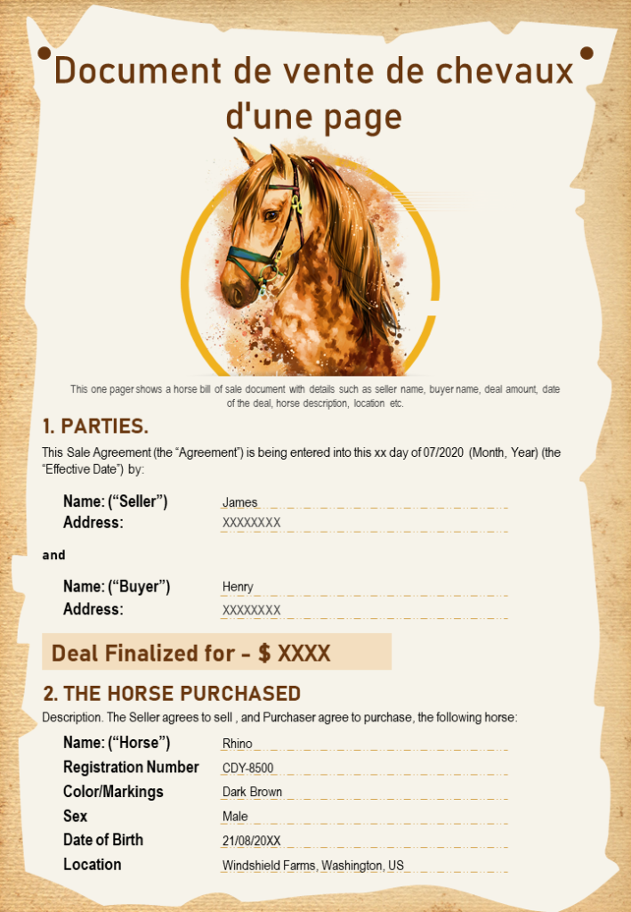 Document de vente de chevaux d'une page