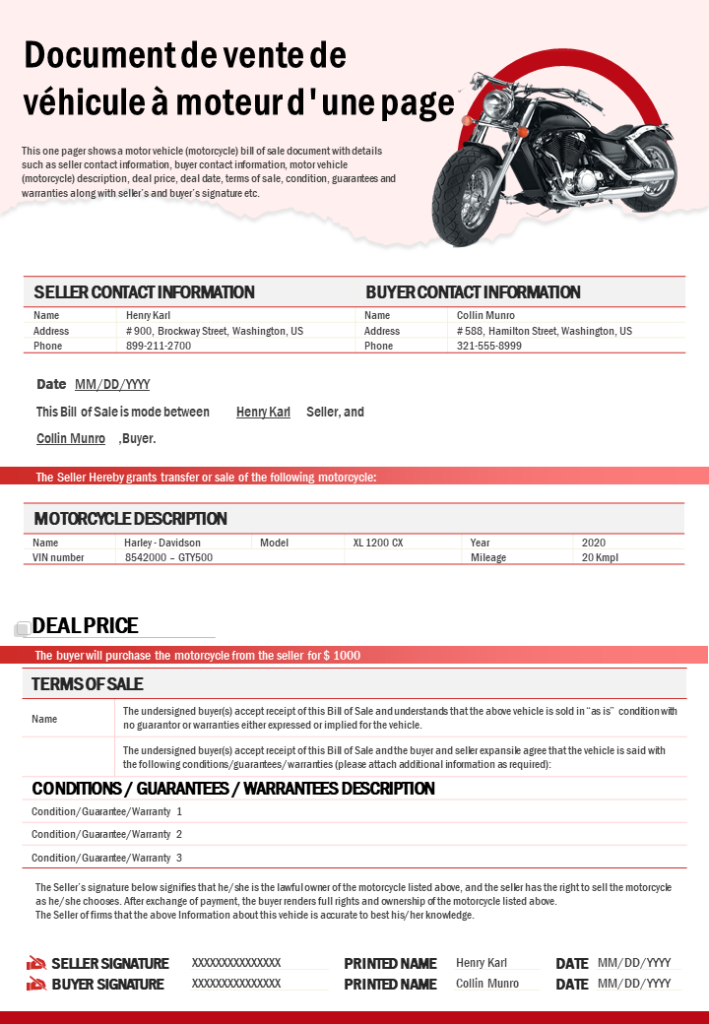 Document de vente de véhicule à moteur d'une page