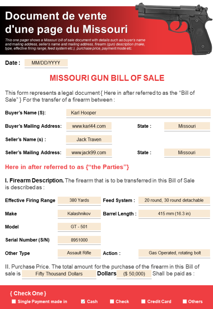 Document de vente d'une page du Missouri