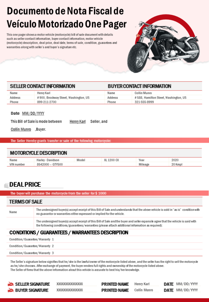 Documento de Nota Fiscal de Veículo Motorizado One Pager Documento de Nota Fiscal de Veículo Motorizado One Pager