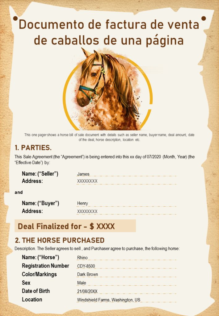 Documento de factura de venta de caballos de una página