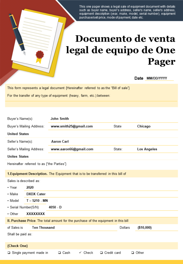 Documento de venta legal de equipo de One Pager
