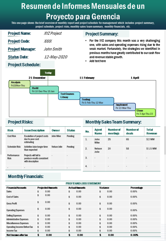 Informe mensual de una página de un proyecto para la gestión