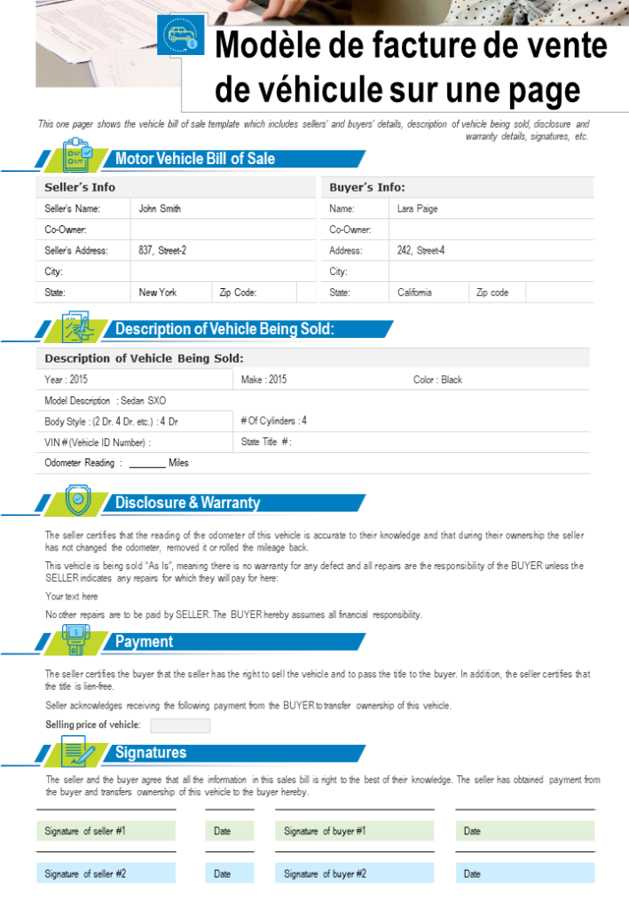 https://www.slideteam.net/one-pager-vehicle-bill-of-sale-template-presentation-report-infographic-ppt-pdf-document.html Modèle de facture de vente de véhicule sur une page