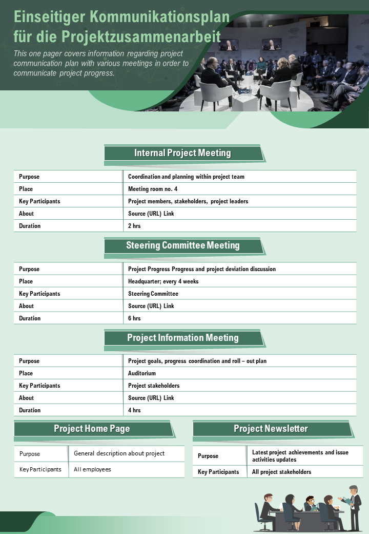 Einseitiger Kommunikationsplan für die Projektzusammenarbeit Präsentationsbericht Infografik PPT PDF-Dokument
