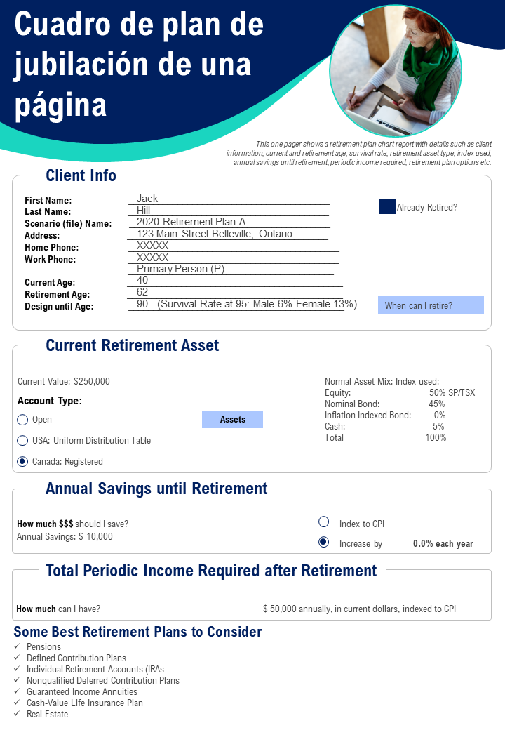 Gráfico del plan de jubilación de una página Informe de presentación Infografía Documento PDF PPT