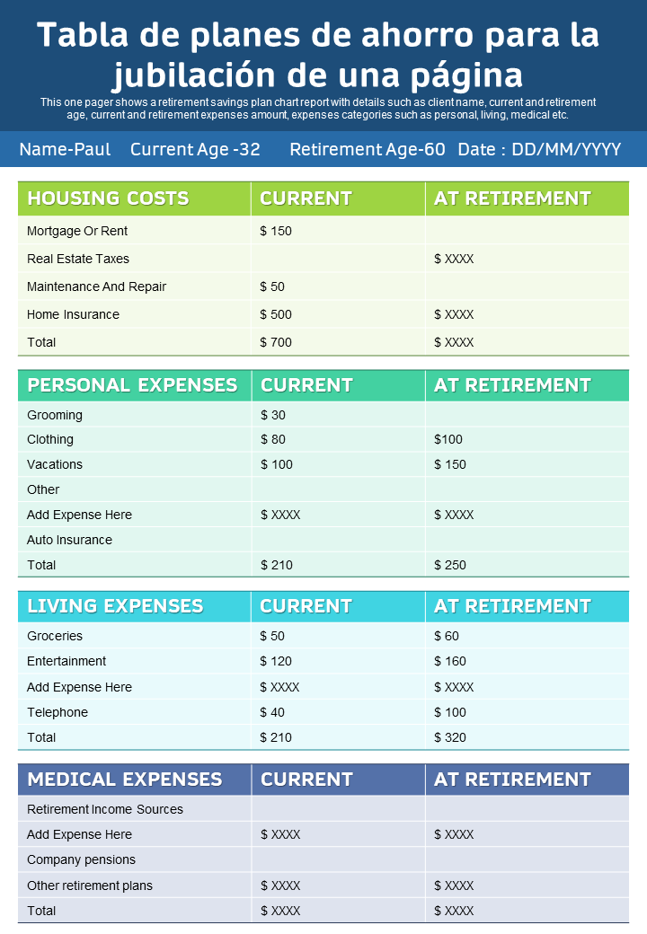 Gráfico de plan de ahorro para la jubilación de una página Informe de presentación Infografía Documento PDF PPT