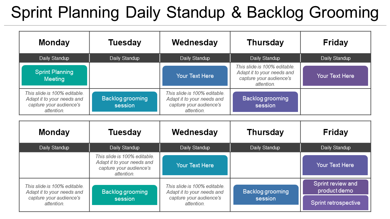 Sprint planning daily standup and backlog grooming