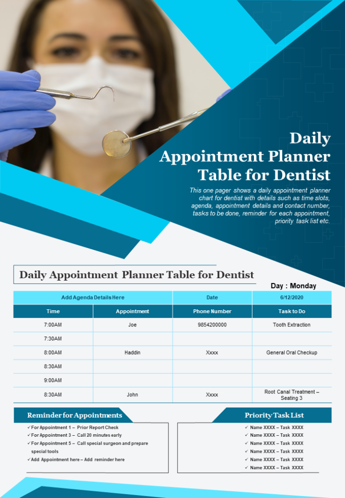 One-Page Daily Appointment Planner for Dentists