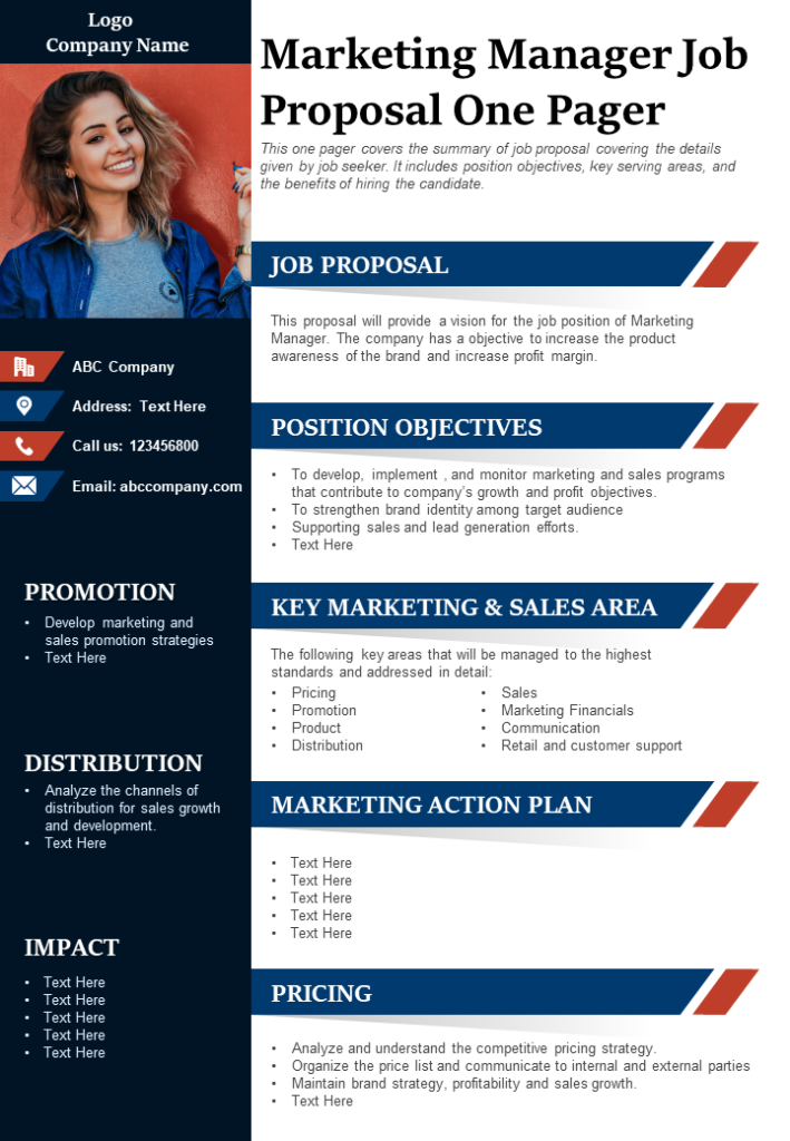One-Page Marketing Manager Job Proposal Template