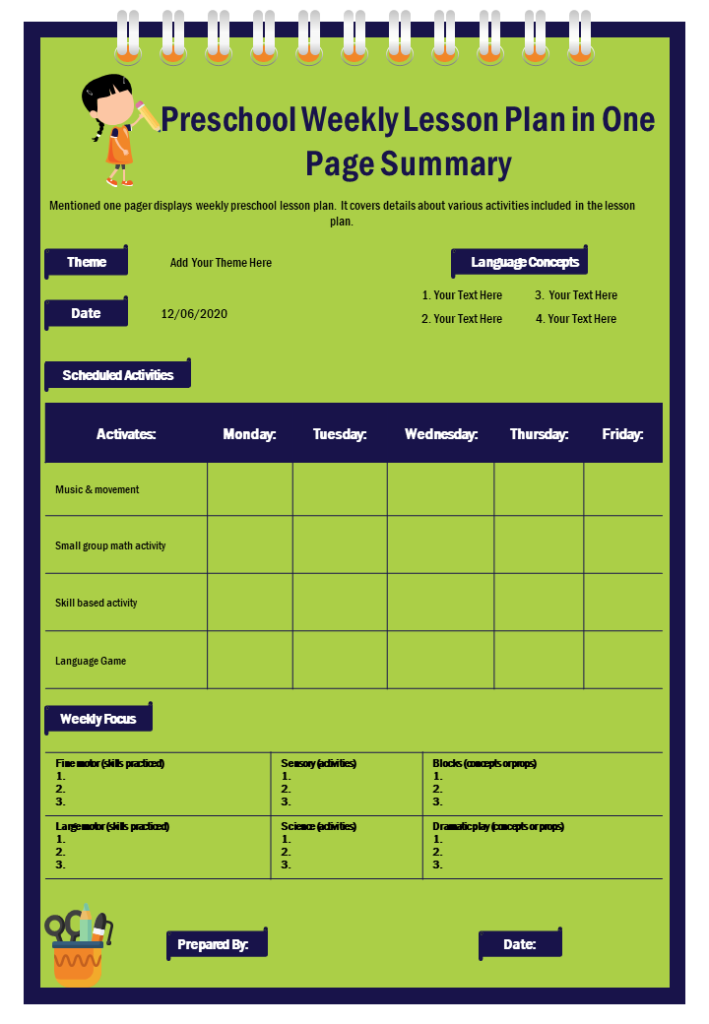 One-Page Preschool Weekly Lesson Plan Template