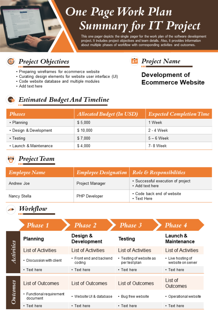 One Page Work Plan PowerPoint Layout
